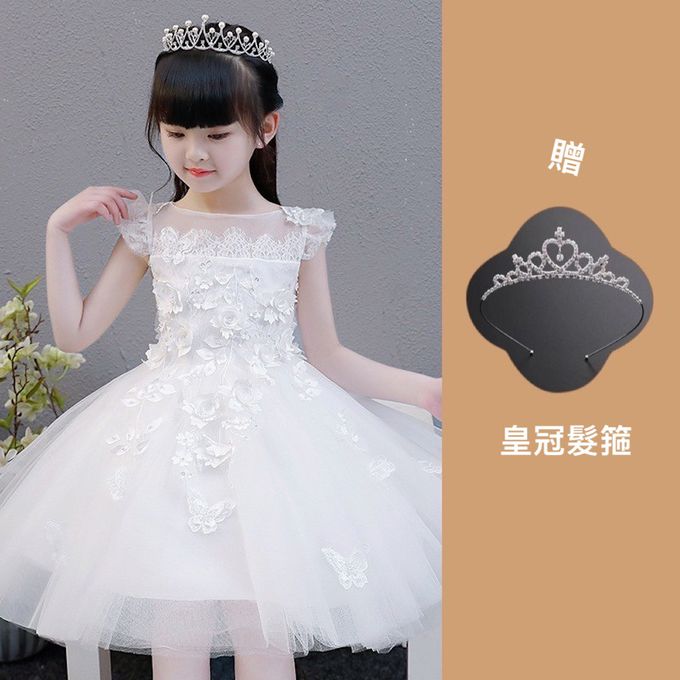 畢業典禮立體繡花蓬蓬白紗小禮服 (送小皇冠髮箍）