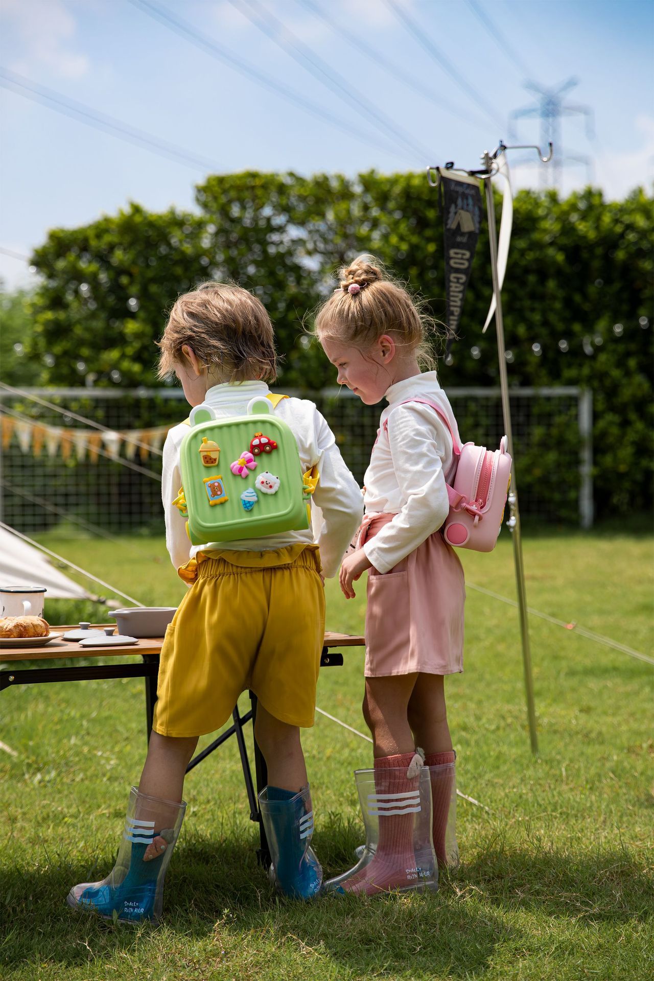 卡通DIY可拆式兒童後背包/小方包-珍珠奶茶+車車-綠色 (20.8x9.9x21.2cm)