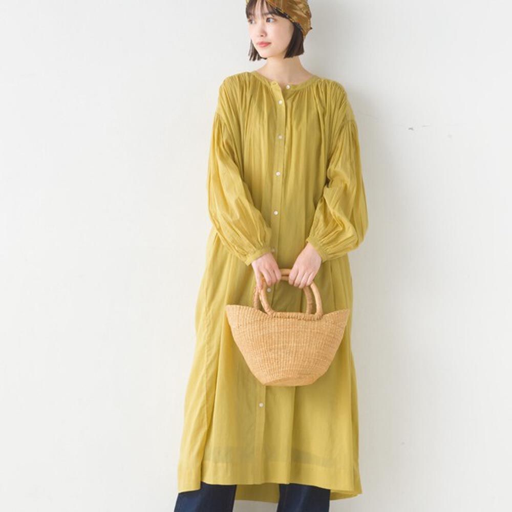 日本 OMNES - 100%印度棉 輕盈長袖開襟洋裝-芥末黃