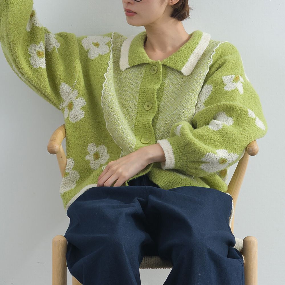 甜美花朵溫暖針織開襟衫-青檸綠