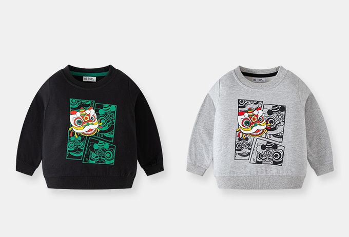 純棉圓領長袖上衣/大學T-舞龍舞獅-黑色