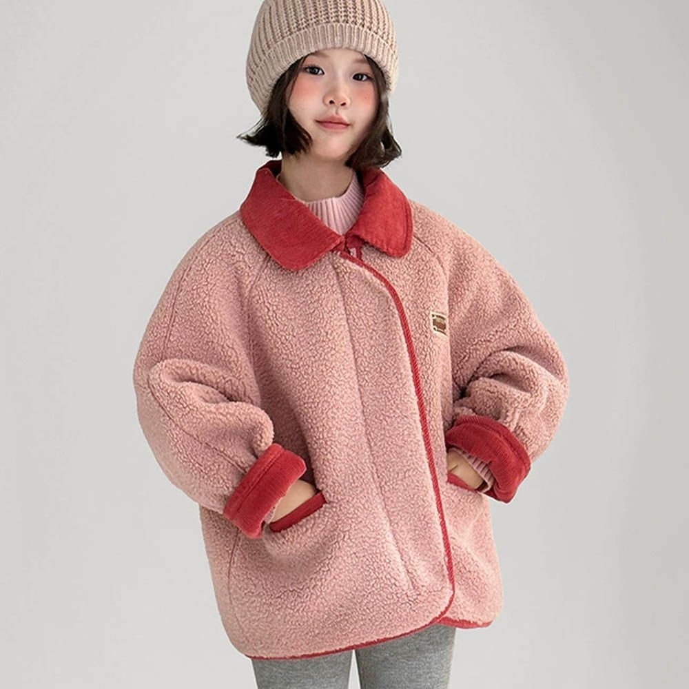 羊羔絨感拼色翻領外套-粉色