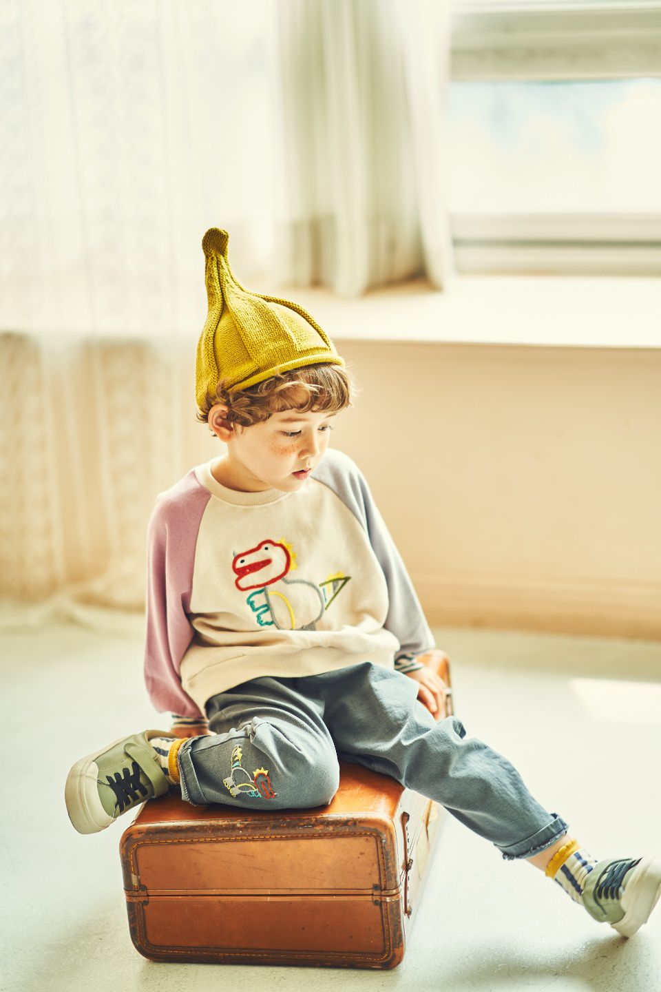 韓國 Mimico - 刺繡胖胖恐龍鬆緊褲頭長褲