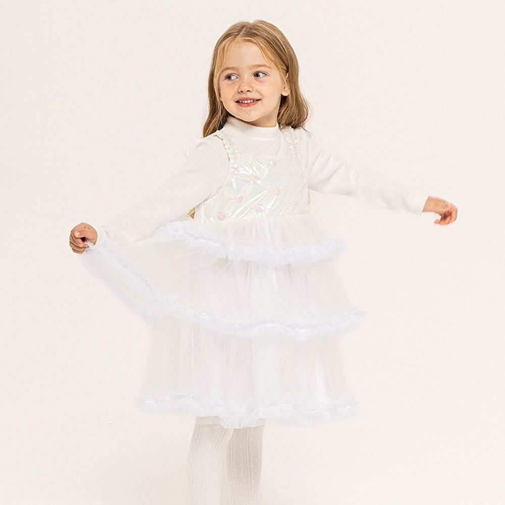 (附頭飾)銀閃亮片天使層次網紗洋裝-白