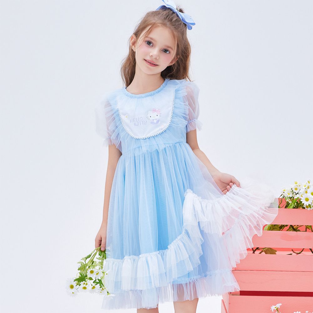 夢幻層次網紗拼接短袖洋裝-卡通人物Hello Kitty-藍色