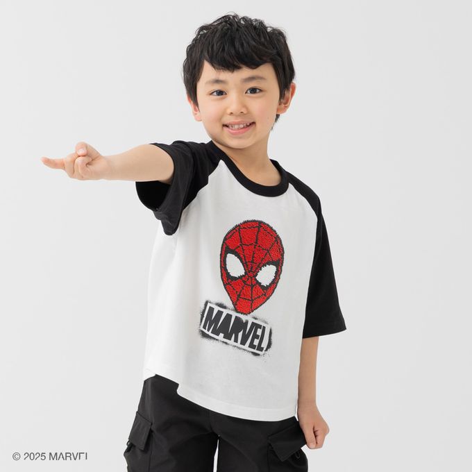 日本 Chil2 - 聯名款  100%棉印花短袖上衣-超級英雄蜘蛛人(變色亮片)-杏x深藍