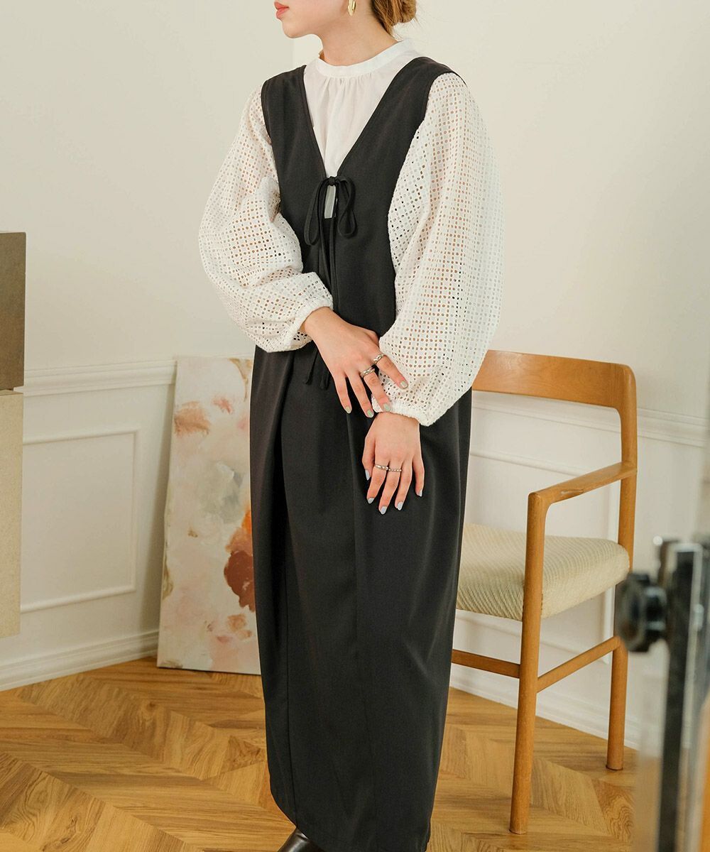 日本 Bab - [日雜推薦] 氣質綁帶V領背心裙-石英灰