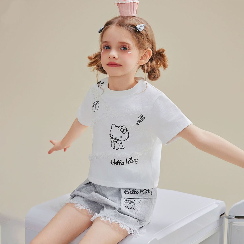 純棉蕾絲拼接短袖上衣+短褲套裝-卡通人物Hello Kitty-白色