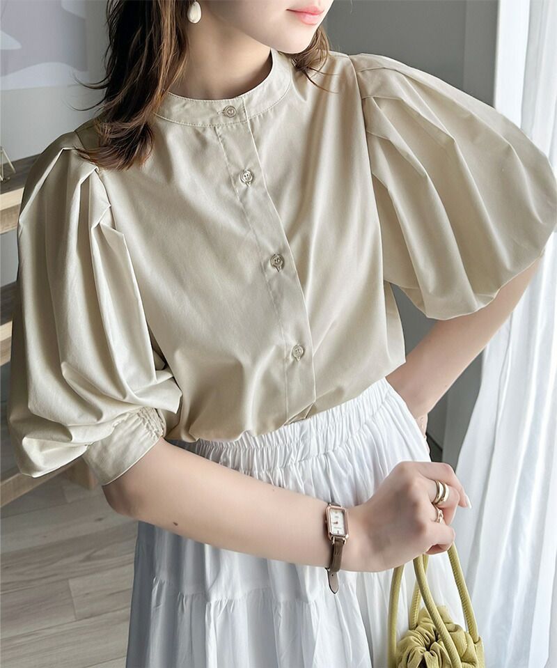 日本 Classical Elf - 氣質皺摺泡泡短袖襯衫-淺米杏