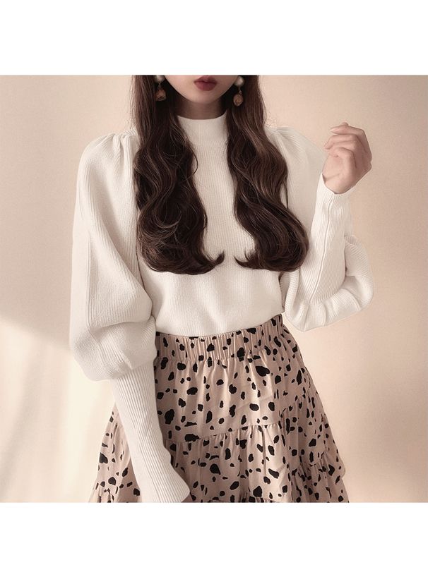 日本 GRL - 圓領修身氣球袖針織上衣-蜜桃粉