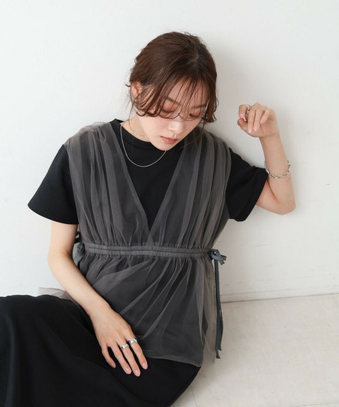 日本 Bab - 層次設計感薄紗拼接短袖洋裝-黑