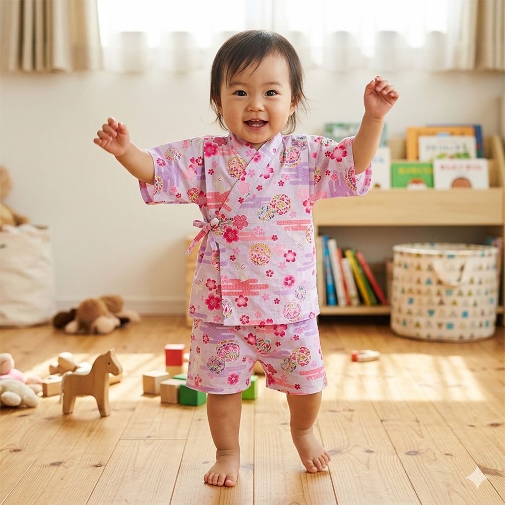 兒童兩件式甚平-兔子鞠球圖案-紫色