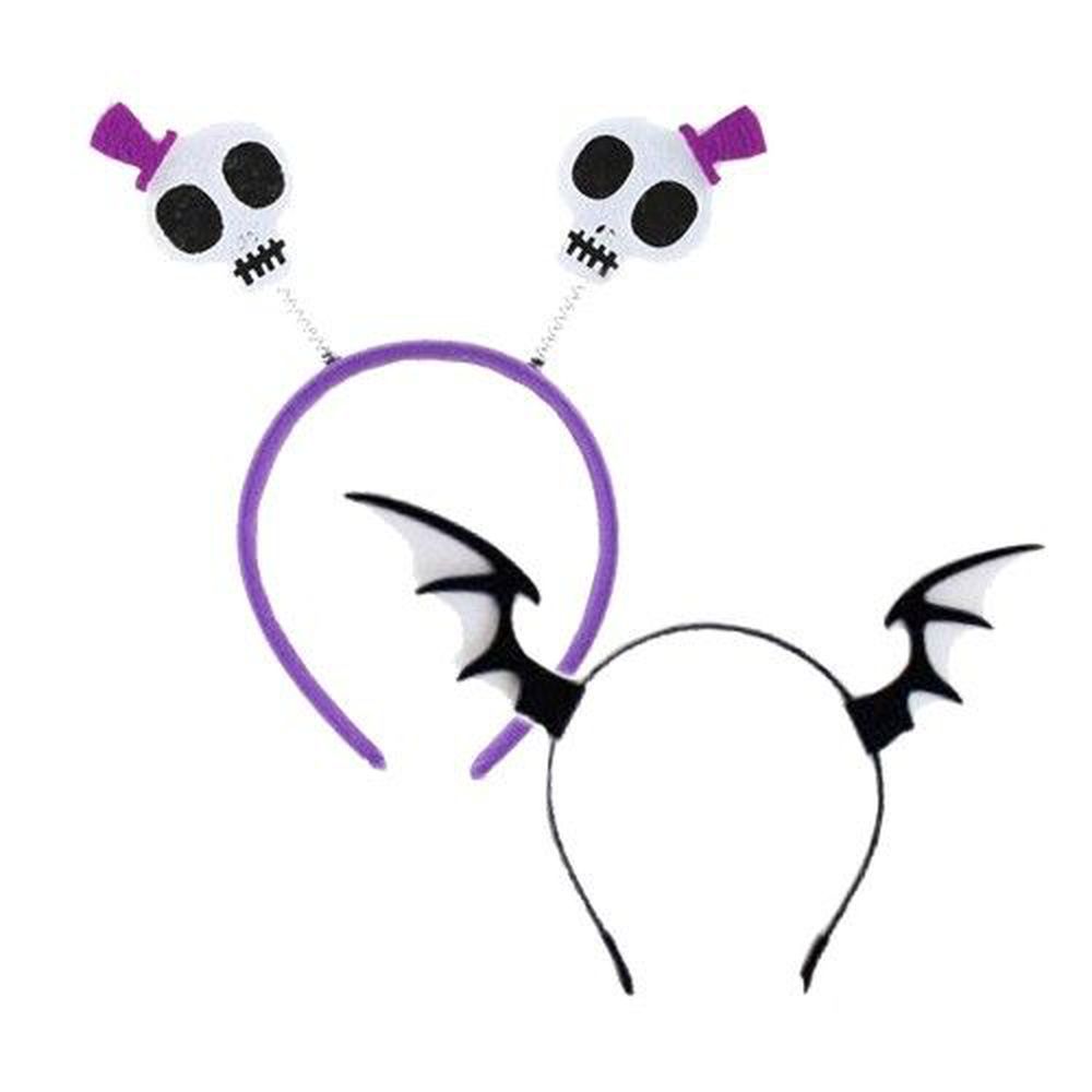 MODACore 摩達客 - 萬聖派對頭飾組(兩入組)-彈簧骷髏造型髮箍(紫白色)+蝙蝠翅膀紗網創意造型髮箍(黑色)