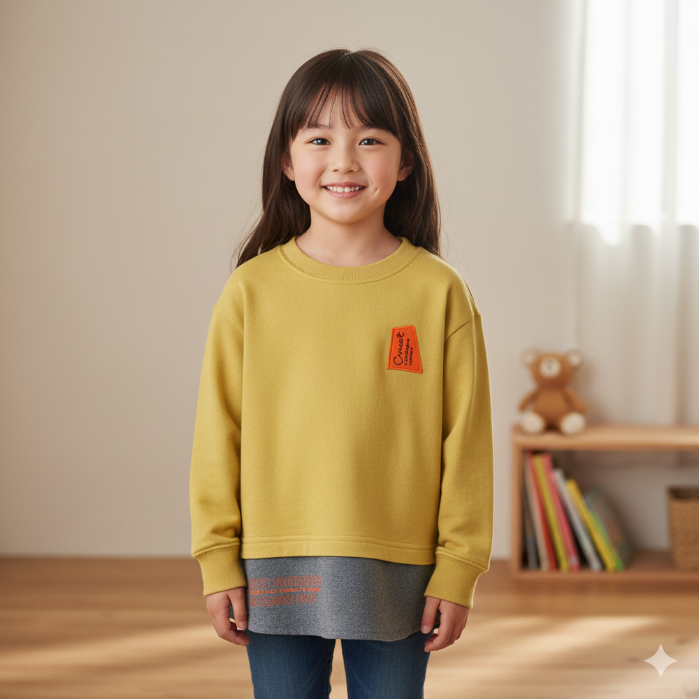 休閒上衣-下擺拼接-芥末黃色