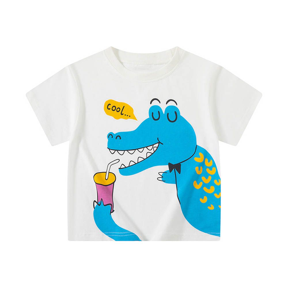 純棉短袖上衣-鱷魚喝飲料-米白