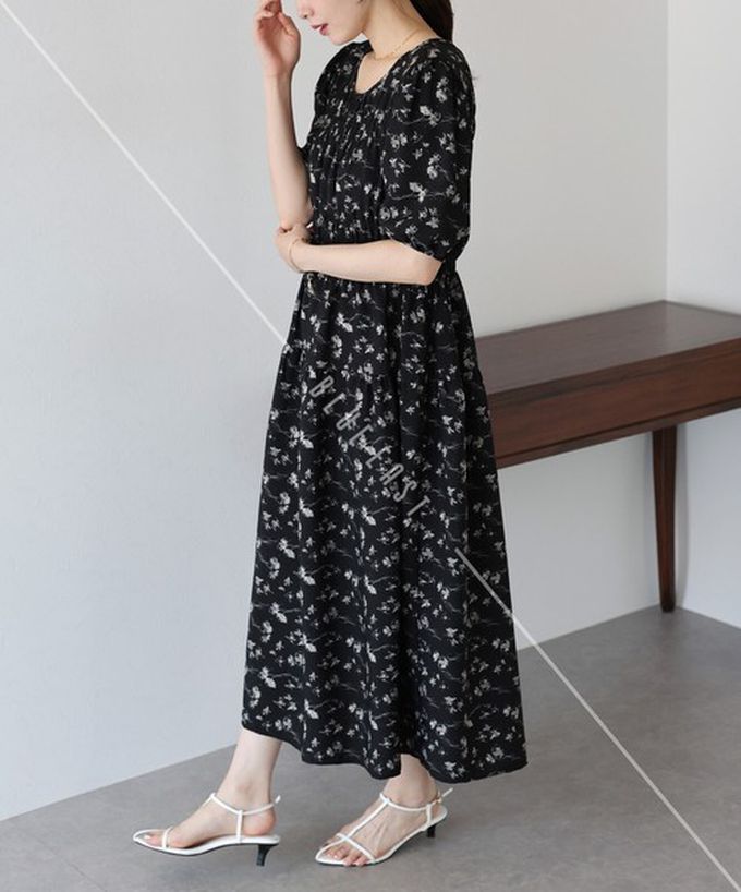 日本 BLUE EAST - 水墨感花卉束腰泡泡袖洋裝-棕綠 (M)