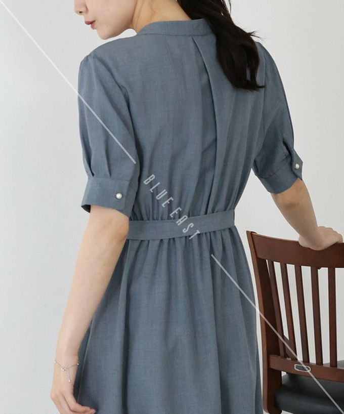 日本 BLUE EAST - 優雅打褶2way領束腰短袖洋裝-灰藍