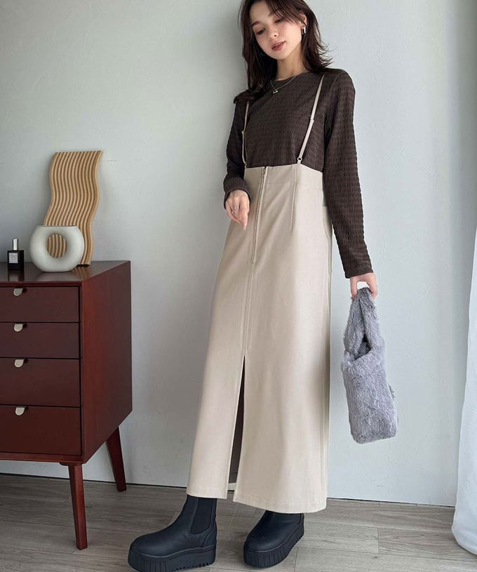 日本 Classical Elf - 前後2WAY簡約大口袋開叉吊帶裙-黑