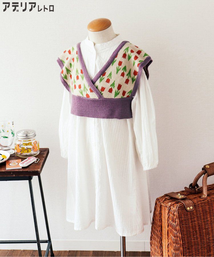 日本 BREEZE - 聯名款 昭和風針織背心x長袖洋裝-優雅鬱金香-黃綠