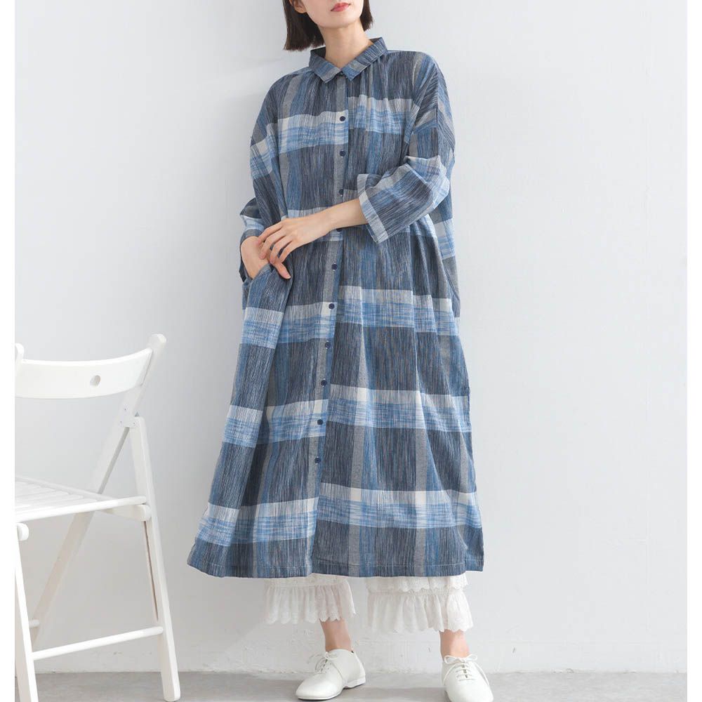 休閒率性格紋七分袖襯衫洋裝-藍系