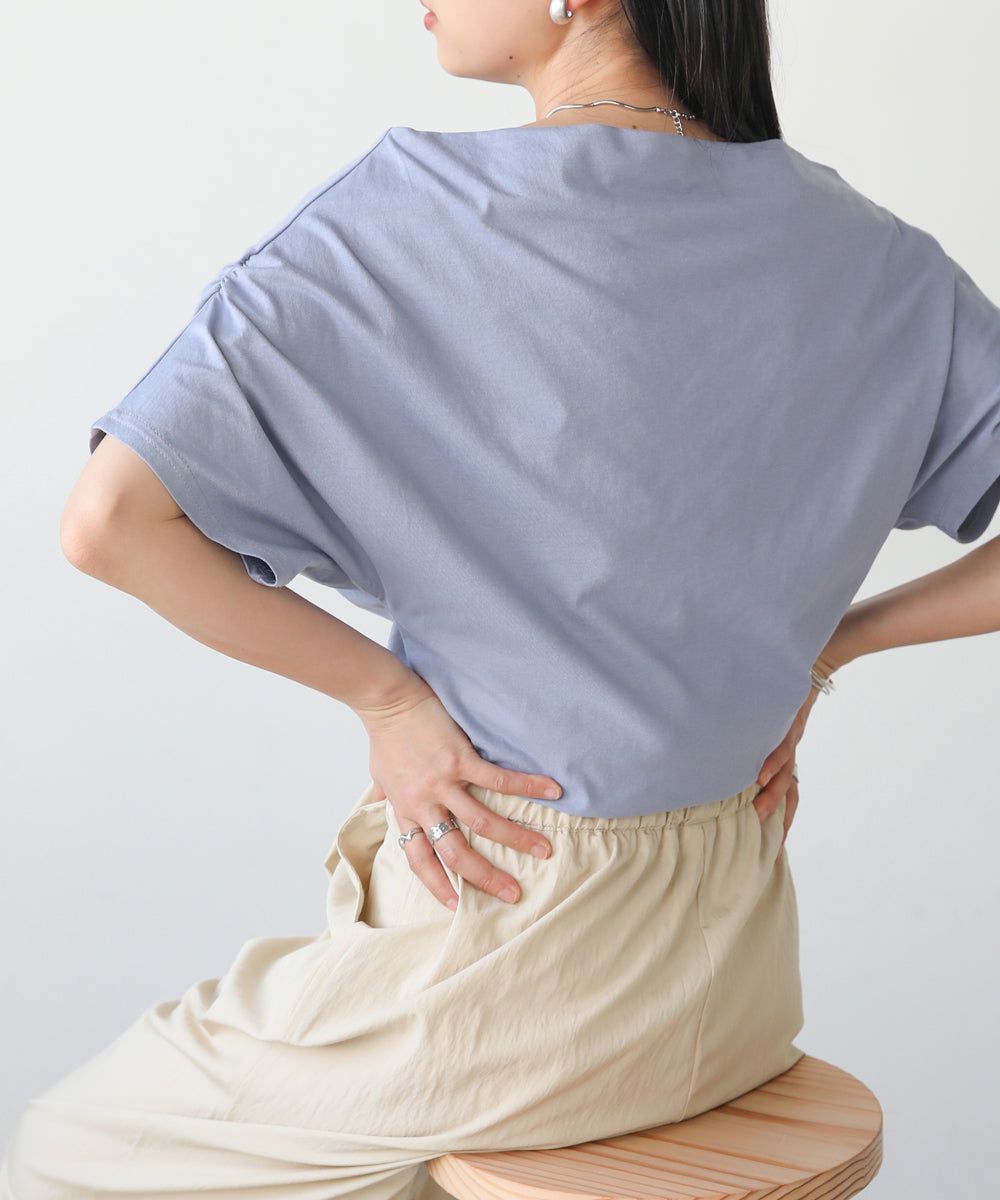 日本 Bab - 不對稱落肩設計短袖上衣-淺藍紫
