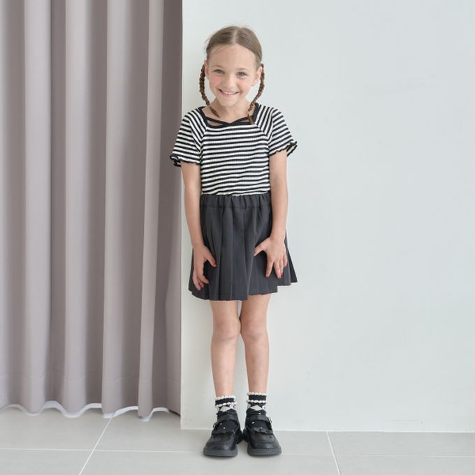 日本 Lycee mine - 小甜心線條領口短袖上衣-條紋-黑白