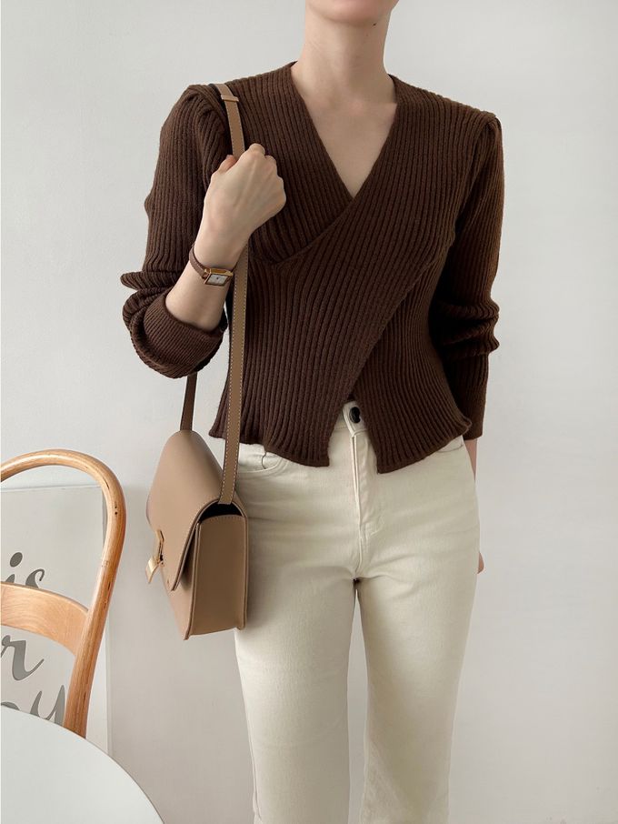 韓國女裝連線 - X交叉設計彈性坑條針織上衣-粉 (FREE)