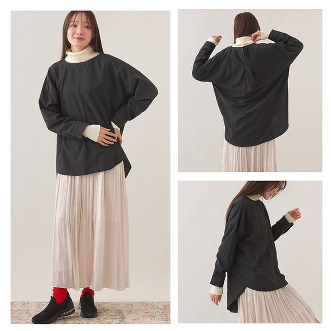 日本 OMNES - 圓弧優雅前短後長修身船領長袖上衣-條紋-藍