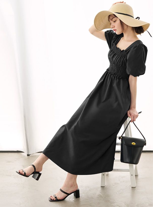 日本 GRL - 胸前抓皺澎澎袖方領短袖氣質洋裝-黑