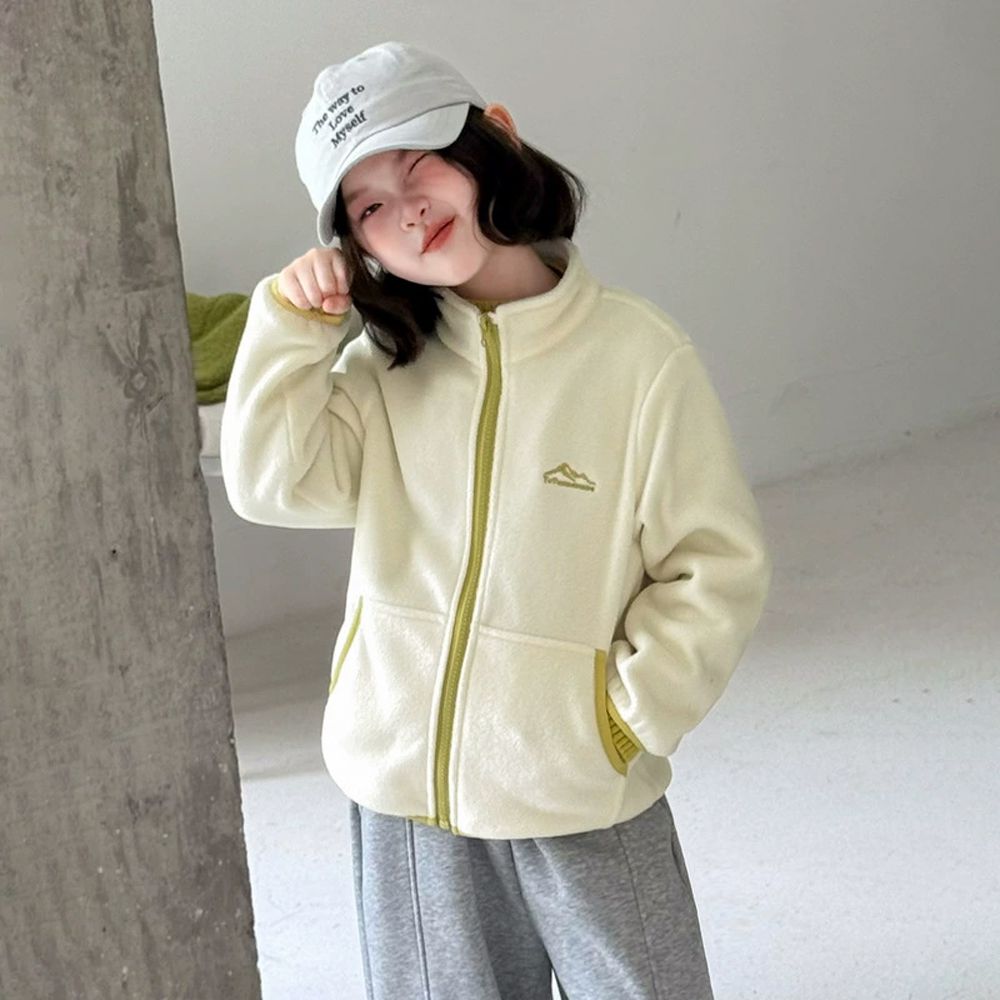 抗靜電撞色拉鍊保暖搖粒絨外套-米白