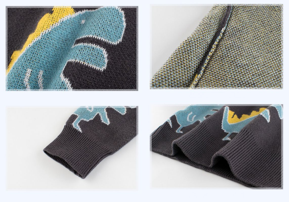 純棉針織長袖毛衣-藍黃色小恐龍-深灰色