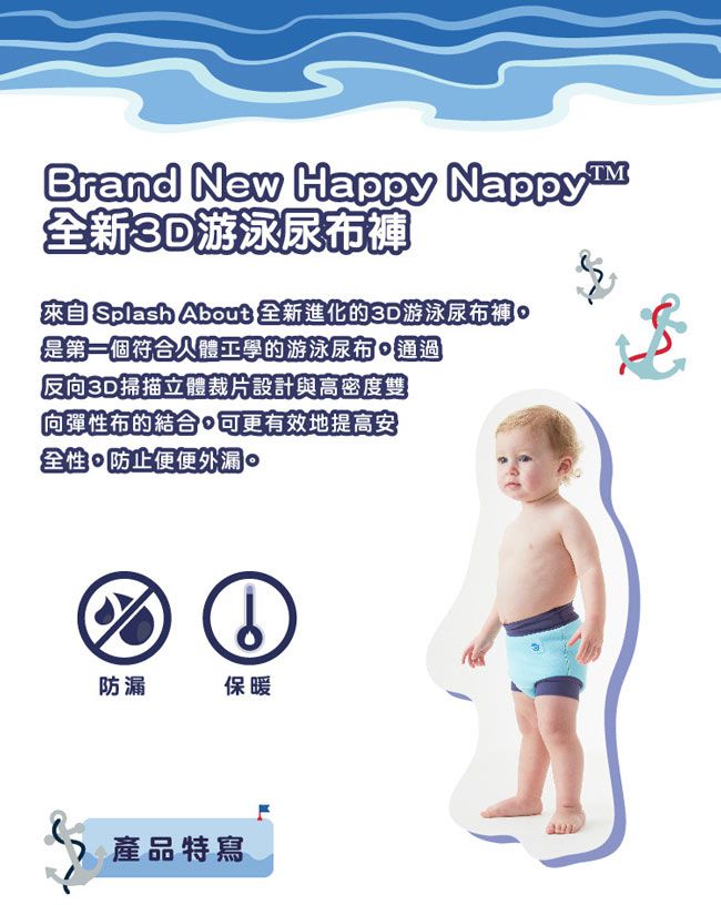Splash About 潑寶 - 3D加強版 游泳尿布褲-海洋藍
