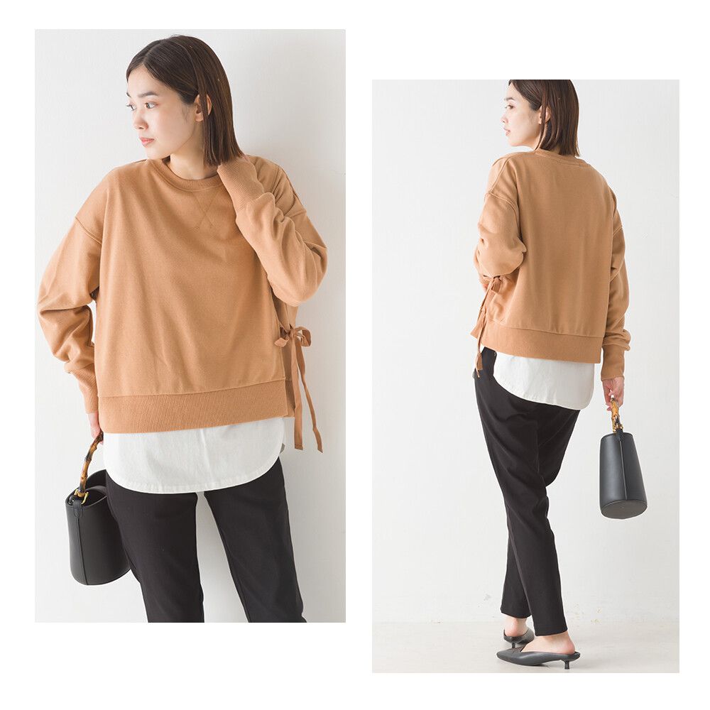 日本 OMNES - 100%棉 側綁帶百搭大學T-黑