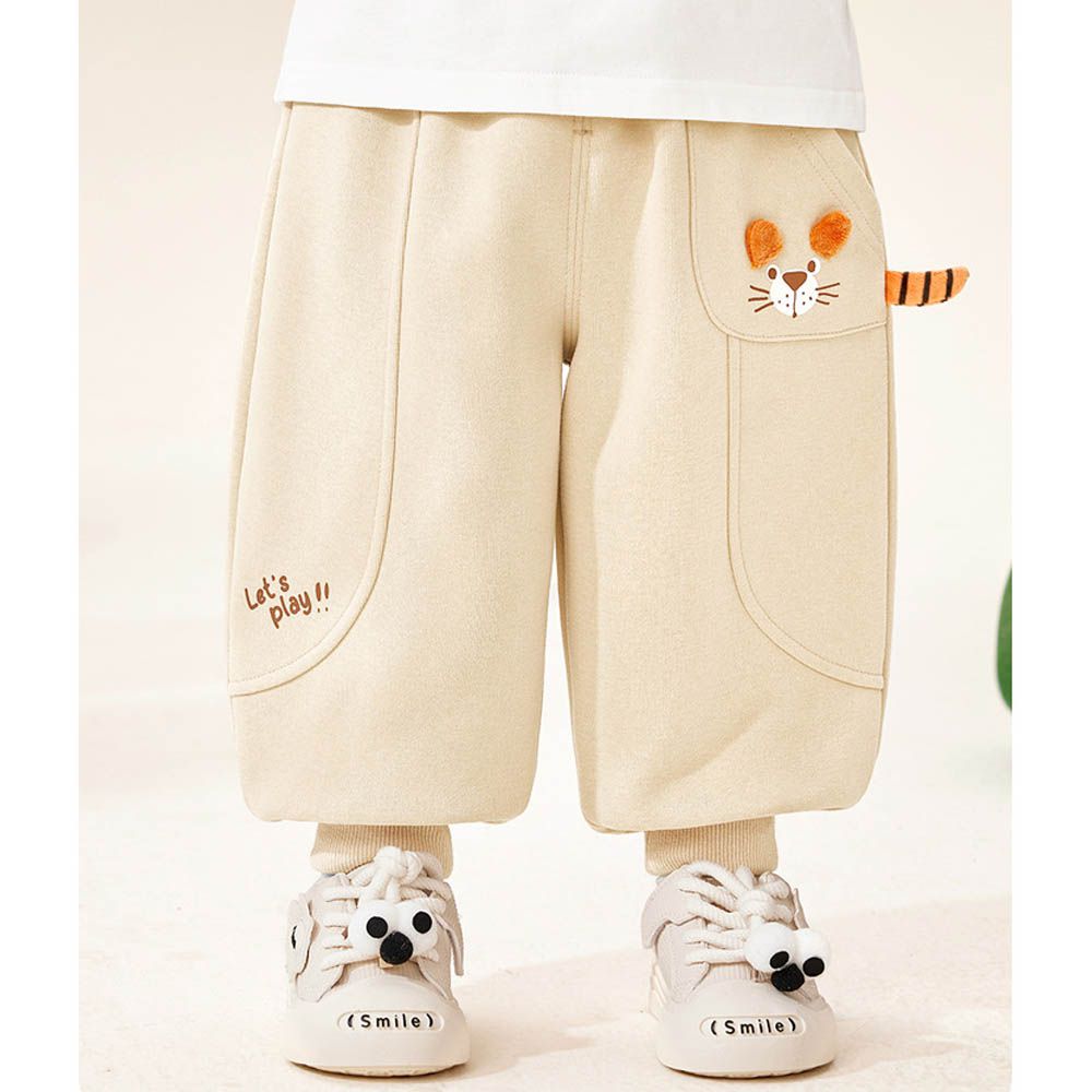 腰鬆緊運動休閒長褲-立體動物造型-米杏色
