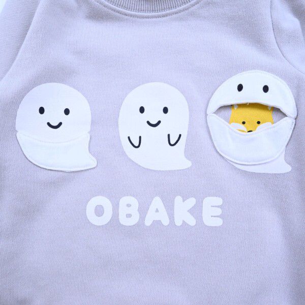 日本 Baby Room - 裏毛立體翻翻樂長袖上衣-可愛幽靈-淺灰