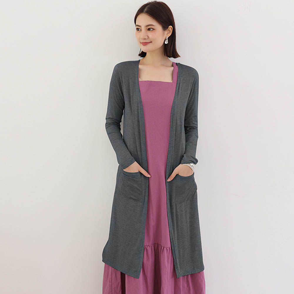 莫代爾雙口袋長版防曬外套/罩衫-深灰 (F)