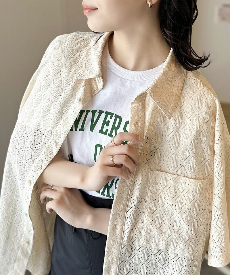 日本 Classical Elf - 優雅幾何蕾絲短袖襯衫-淺灰