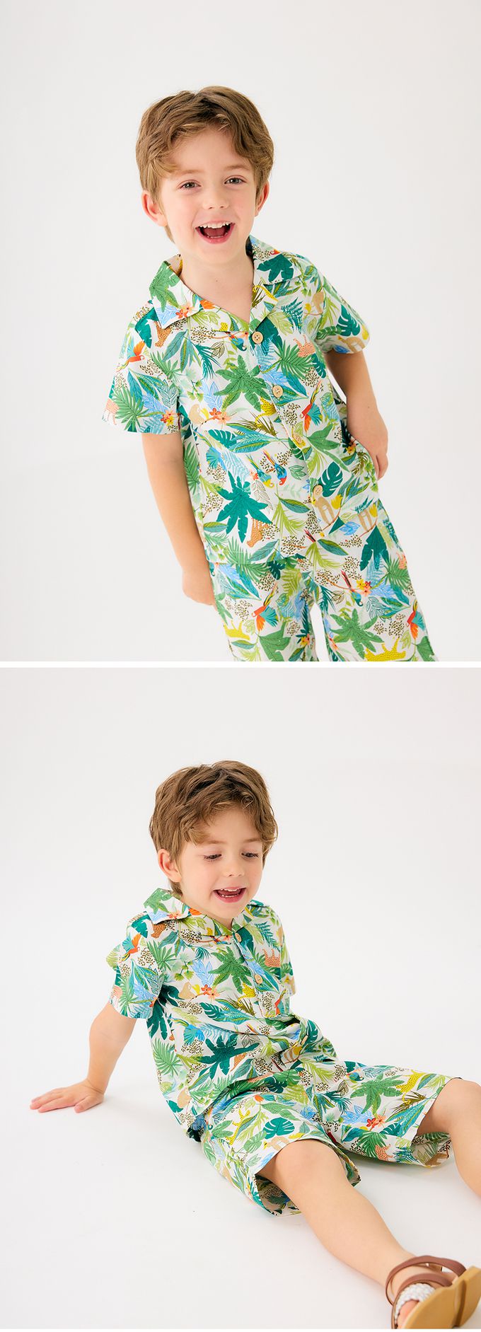 韓國 OZKIZ - 鬆緊腰熱帶叢林動物印短褲-白X綠