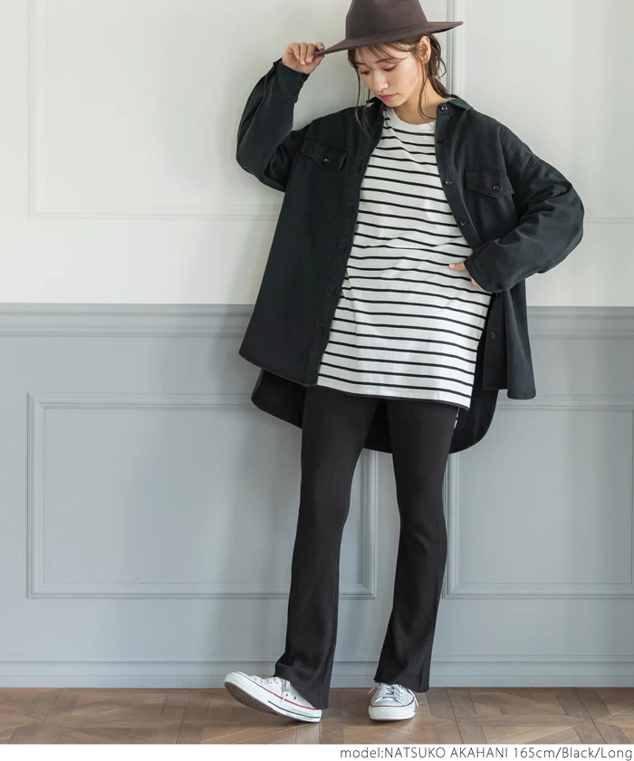 日本 COCA - 修長美腿羅紋微喇叭長褲-深綠