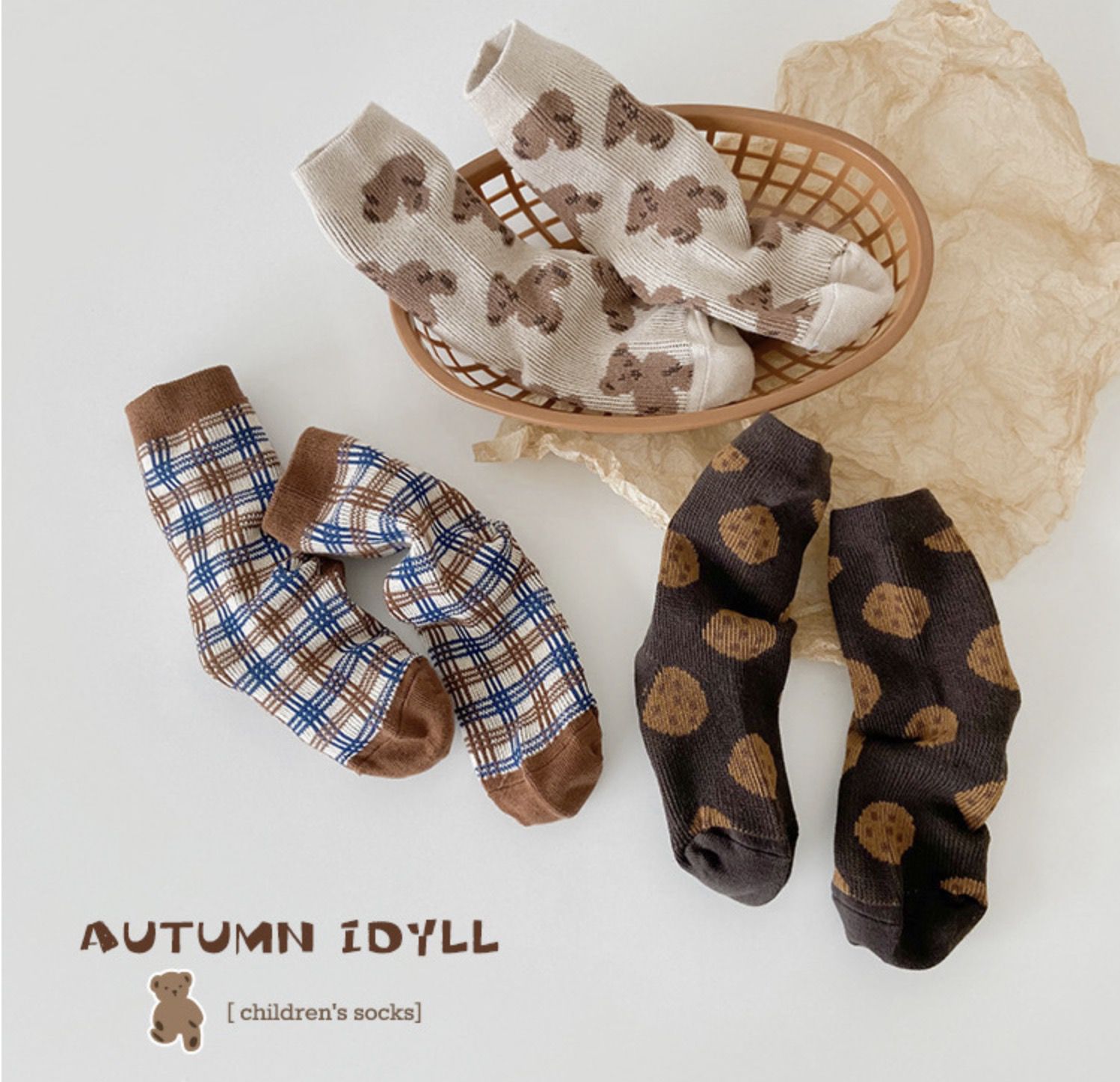 love, charlotte - 小熊與餅乾精梳棉中筒襪-3 雙一組