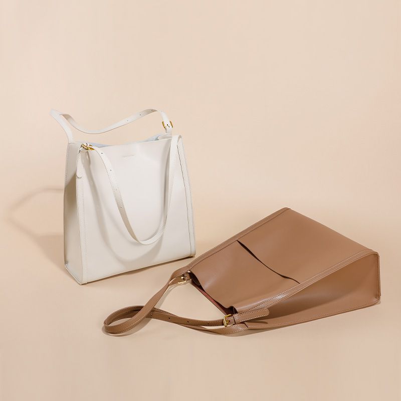 真皮大容量單肩托特包-卡其色 (30x12x31cm)