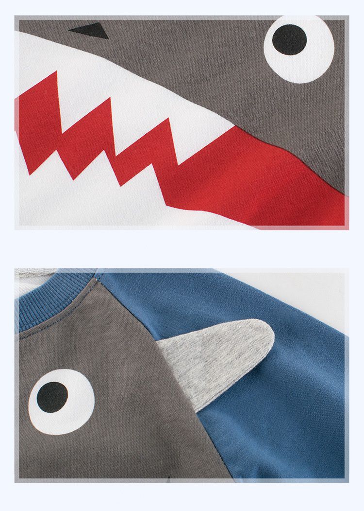 棉質長袖大學T-鯊魚咬咬-藍色