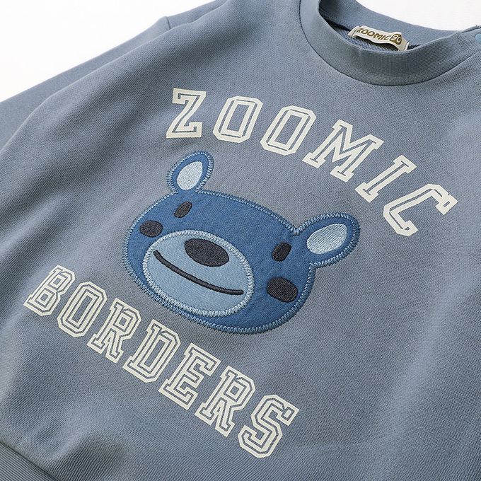 日本 ZOOLAND - 丹寧風小熊裏毛長袖上衣-縫線小熊臉-藍