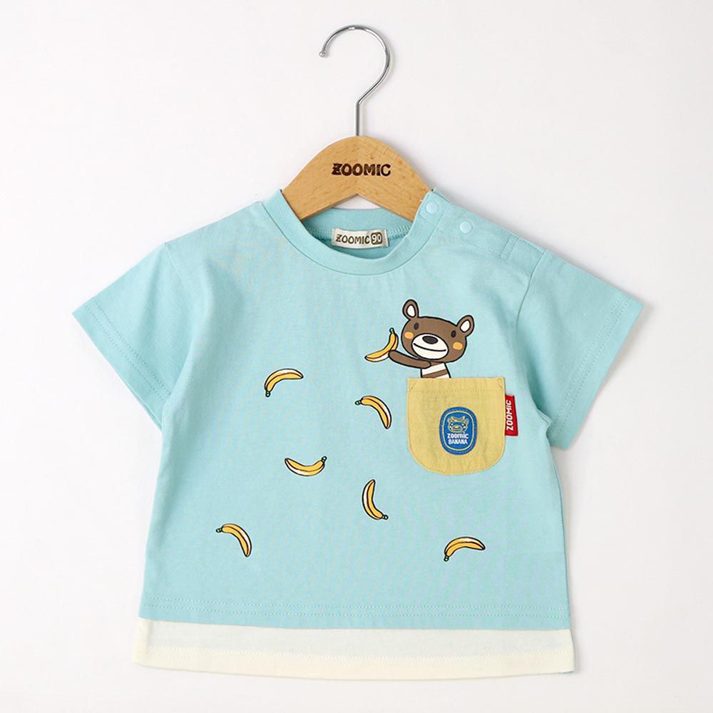 日本 ZOOLAND - 印花口袋純棉短袖上衣-小熊香蕉-水藍