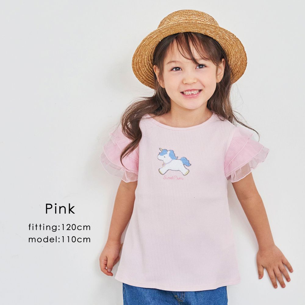 日本 evercloset - 柔軟羅紋獨角獸印花蕾絲袖上衣-粉紅