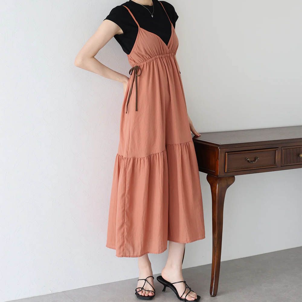 滿分可愛側蝴蝶結細肩帶洋裝-橘 (M)