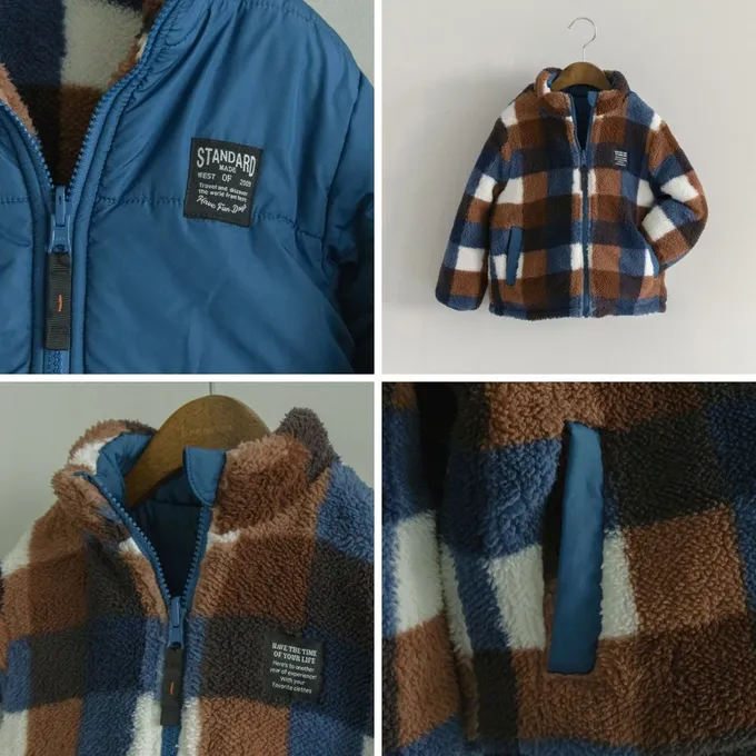 日本 BRANSHES - 2way雙面異材質保暖鋪棉外套(可機洗)-格子-寶藍