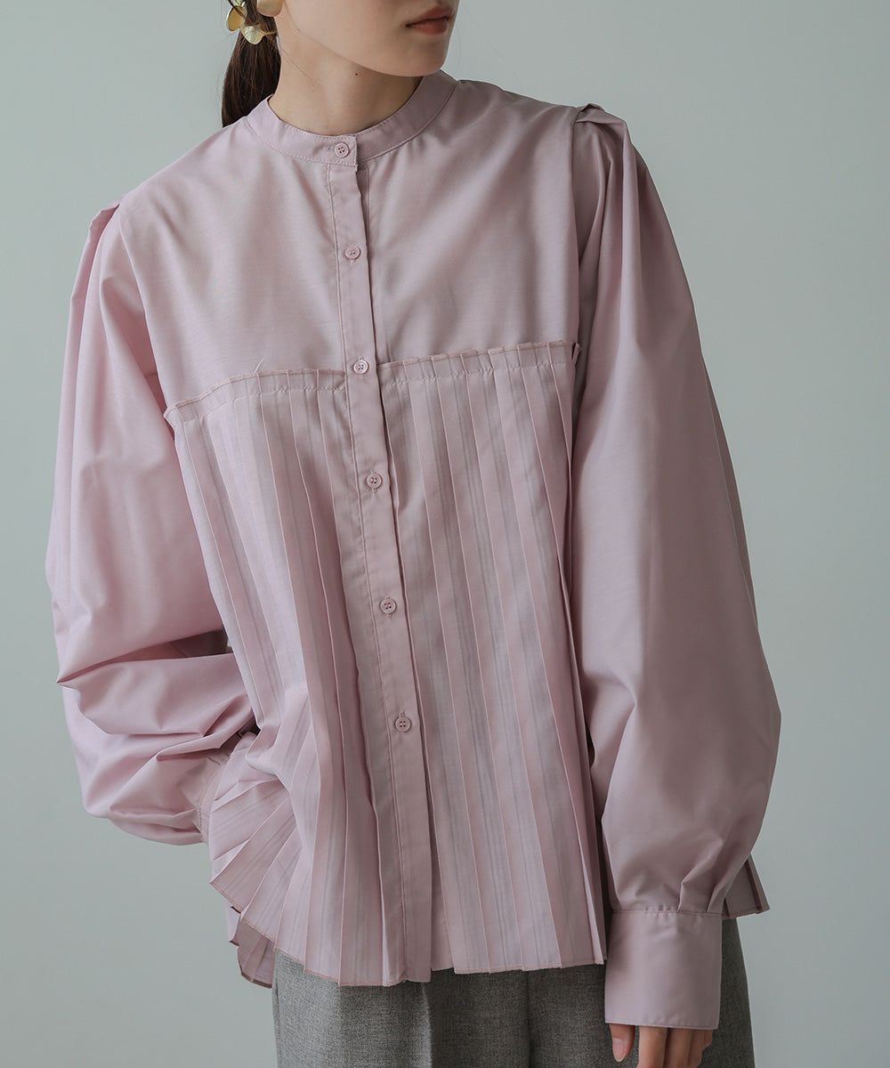 日本 Bab - 歐風百褶拼接泡泡袖襯衫-灰棕