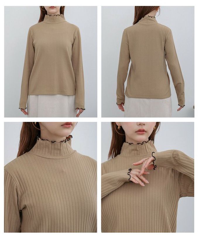 日本 Bab - 木耳滾邊典雅羅紋長袖上衣-高領-淺灰 (M)