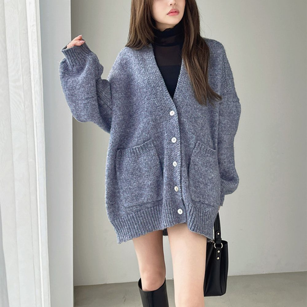 羊毛混紡輕盈寬鬆感開襟衫外套-灰藍 (F)